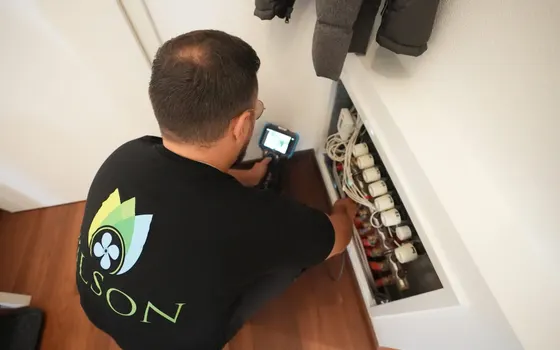 Vilson-Techniker prüft den Heizkreisverteiler