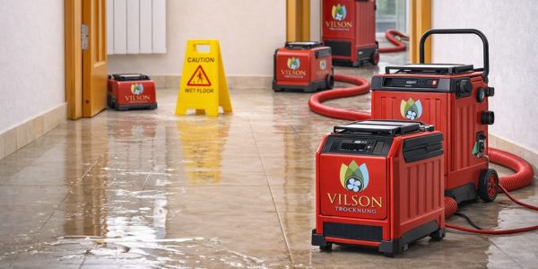 Professionelle Bautrocknungsgeräte nach Wasserschaden in einem Flur im Einsatz